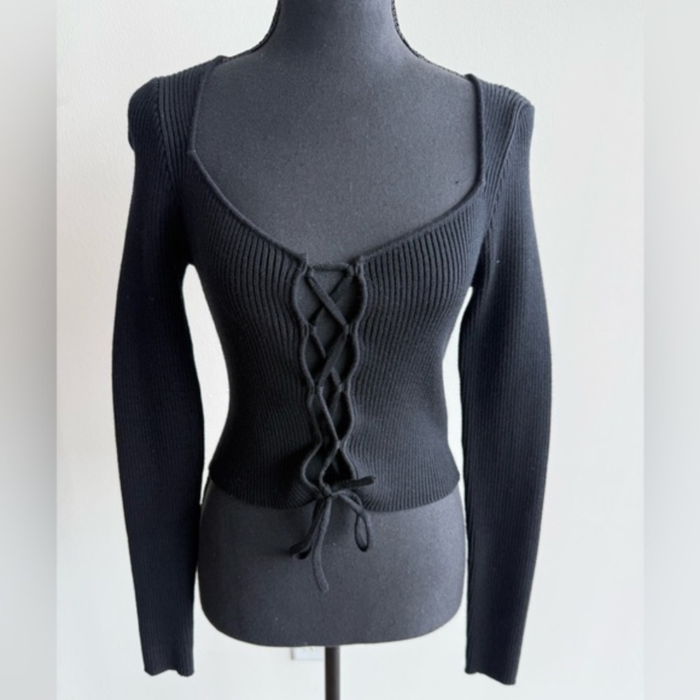 Urban Outfitters Black Lace-Up V-Neck Sweater